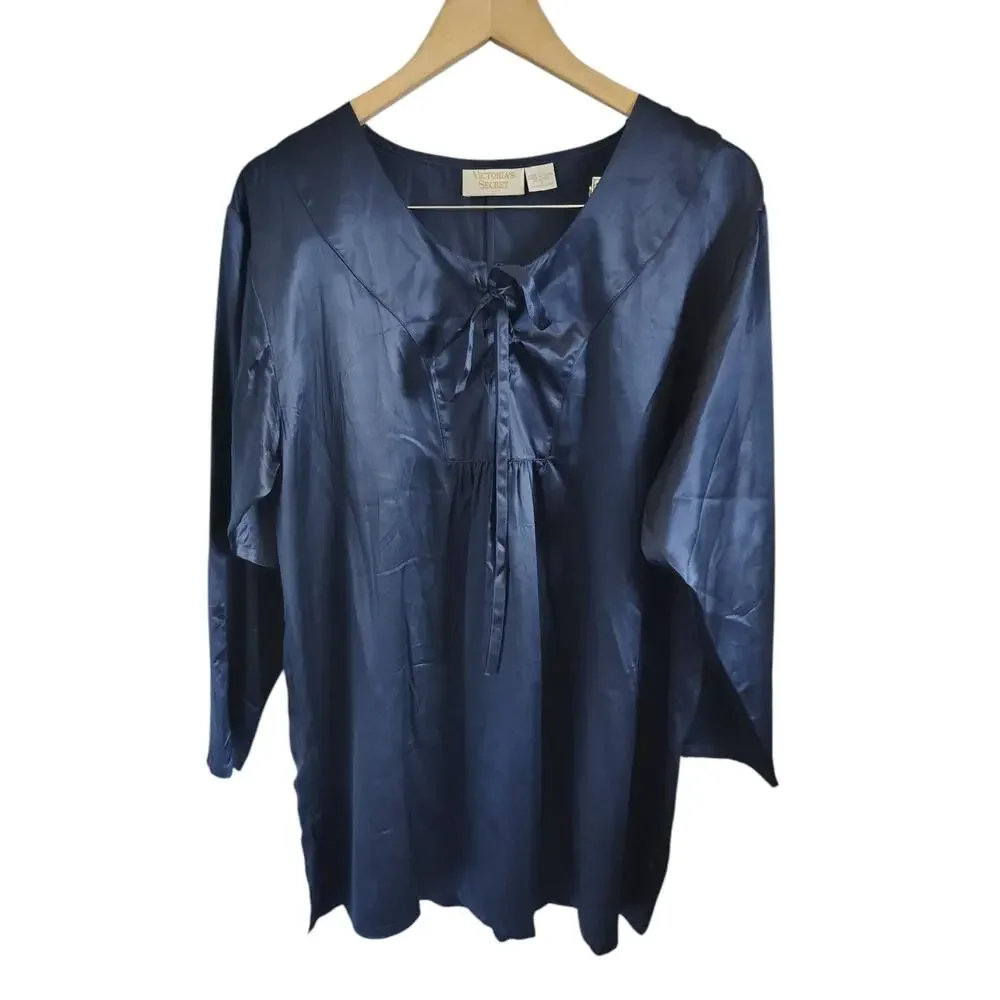 Vintage 90s Victoria's Secret 100% Silk Blue Sleep Tunic Size Small